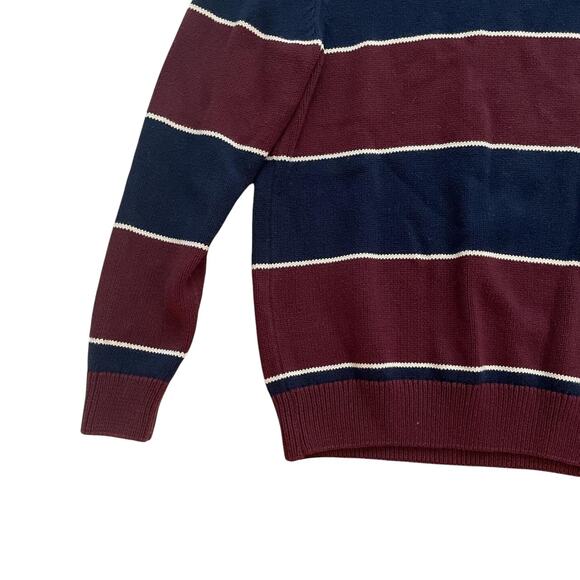 y2k Vintage Chaps Burgundy Navy Blue Striped Chunky Knit Cotton Sweater Small - Picture 3 of 4